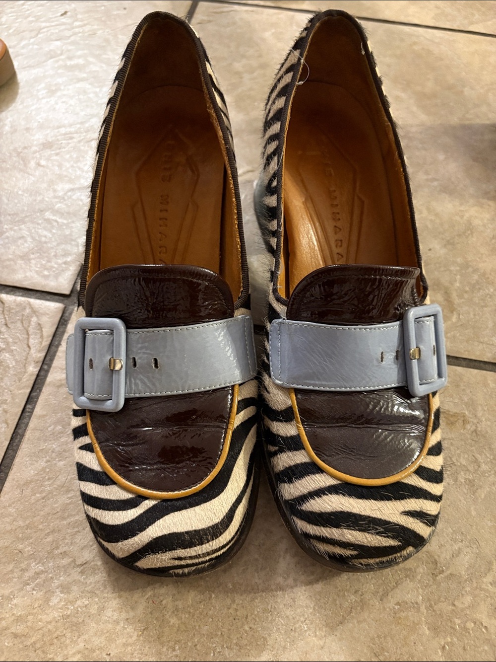 Women's Zebra Print Loafers with Light Blue Buckle